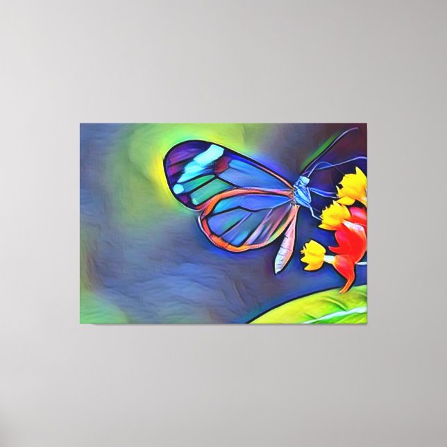 Lienzo Flor amarilla azul mariposa (Anverso)