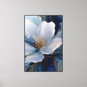 Lienzo Flor azul claro y blanco con detalles dorados