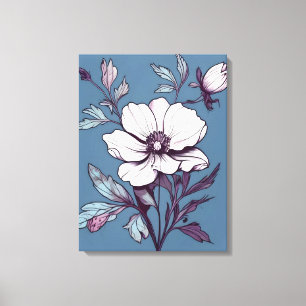Lienzo Flor blanca con hojas moradas en azul