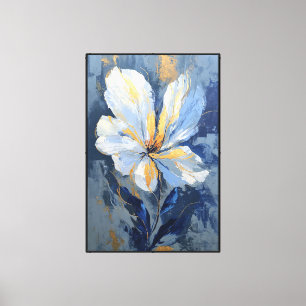 Lienzo Flor Blanca y Azul con Acentos de Oro – Abstracto