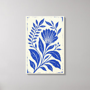 Lienzo Flor de Abanico Azul Cobalto Linograbado Botánico
