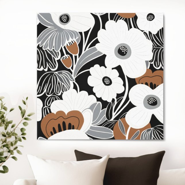 Lienzo Flor de boho blanco negro (Transform your space with the timeless beauty of floral Boho Mid Century Modern canvas. )
