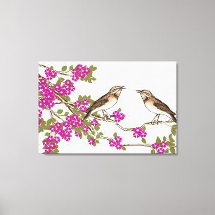 Lienzo Flor de Cerezo Rosa Pájaros de Amor Vintage
