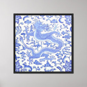 Lienzo Flor de dragón oriental azul y blanco chino