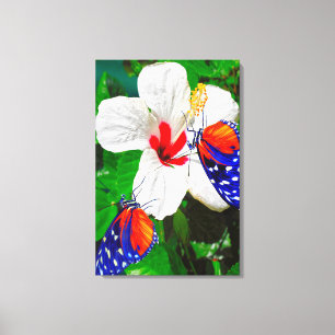 Lienzo Flor de Hibiscus con 2 mariposas tigre de largo
