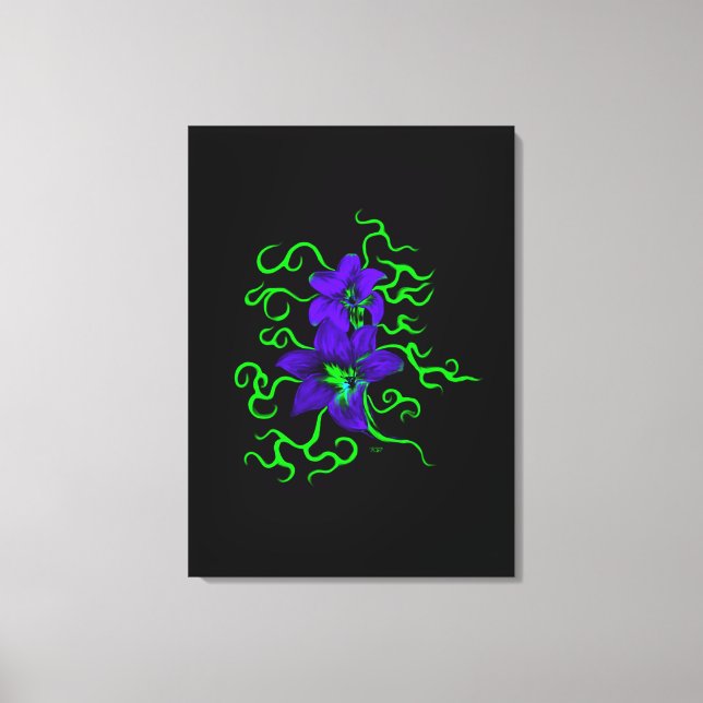 Lienzo flor de lirio morado sobre negro (Anverso)