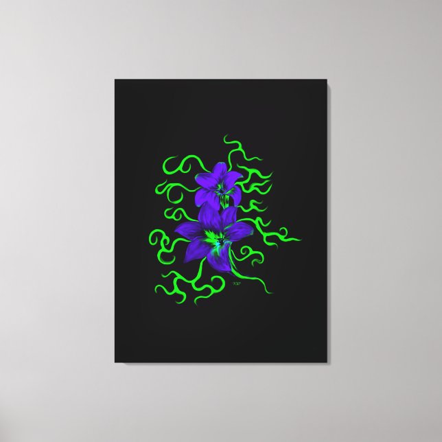 Lienzo flor de lirio morado sobre negro (Anverso)