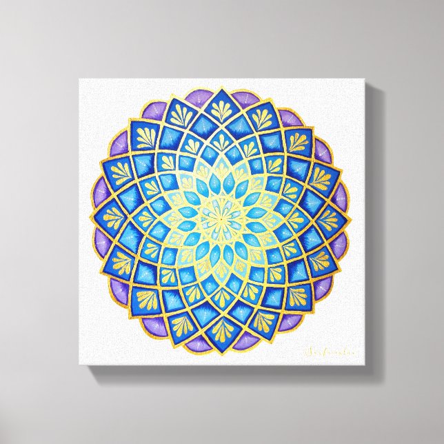 Lienzo Flor dorada azul morado Mandala (Anverso)