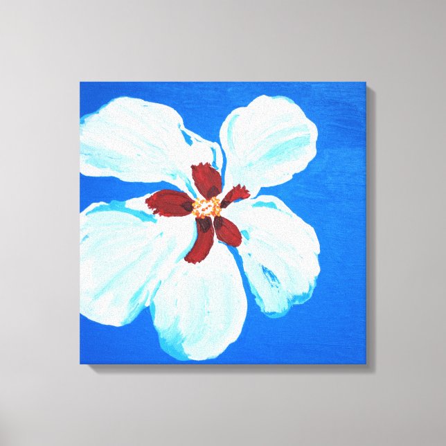 Lienzo Flor hibiscus sobre pintura acrílica original azul (Anverso)