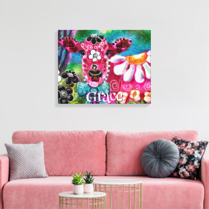 Lienzo Floral Caprichoso Vaca Rosa Teal Negro Personaliza