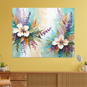 Lienzo Floral colorida angustiada en blanco azul beige