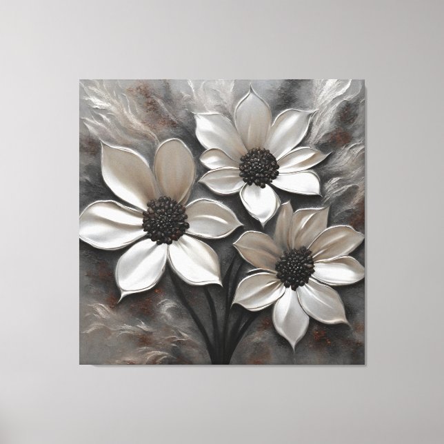 Lienzo Floral contemporánea gris negro plateado (Anverso)