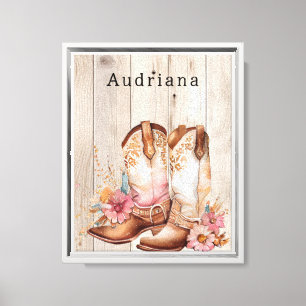 Lienzo Floral Cowgirl Boots Ivory Faux Wood Personalizado