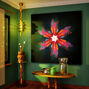 Lienzo Floral Mandala Flores Naranja Azul Rojo Resumen