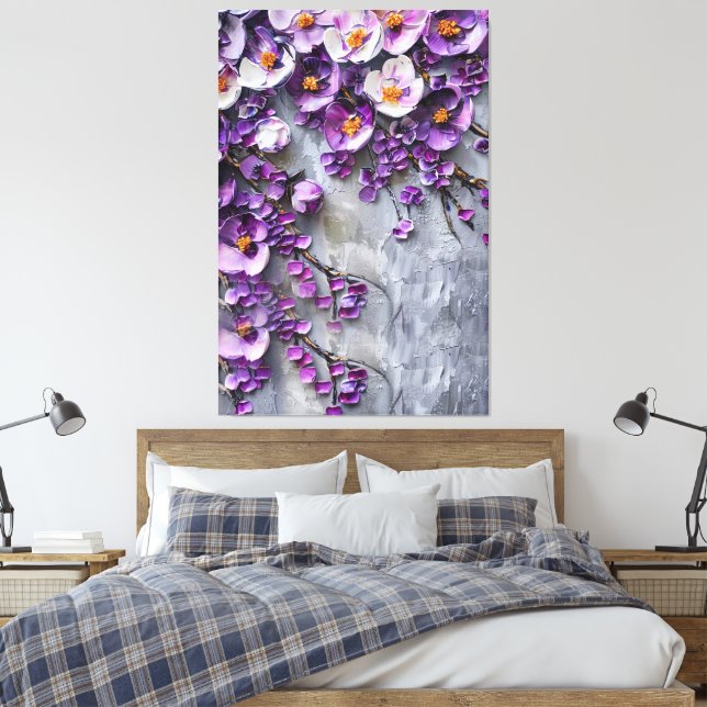 Lienzo floral moderno morado y gris (Insitu(Dormitorio))