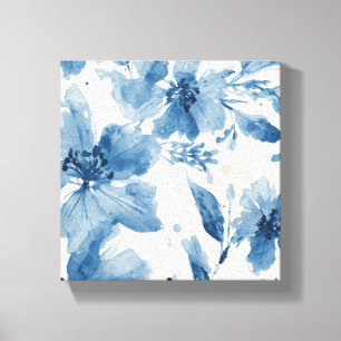 Lienzo Floral Pintado Botánico Caprichoso Acuarela Azul