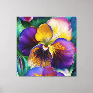 Lienzo Floral Púrpura y hojas de color azul pansy dorado