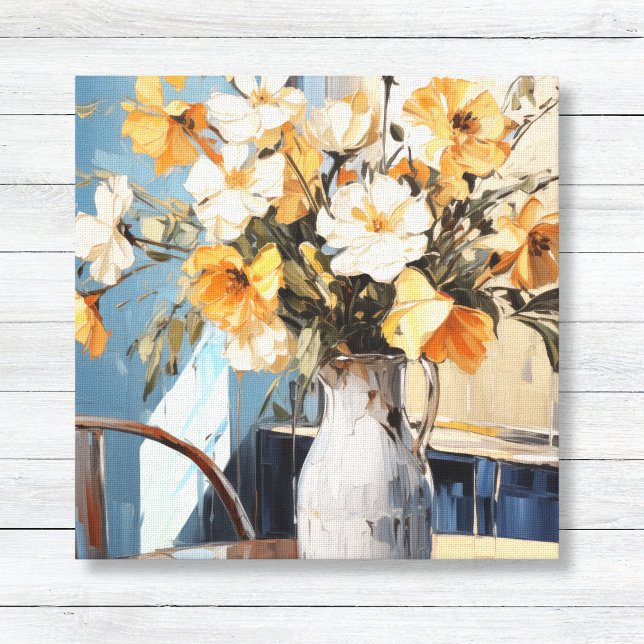 Lienzo Flores amarillas y blancas en la pared azul abase (Oil Painting Style Wall Art Canvas - White & Yellow Flowers in Vase - Blue Sunlit Wall)