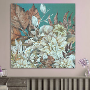 Lienzo Flores antiguas rusticas pintadas sobre Verde azul