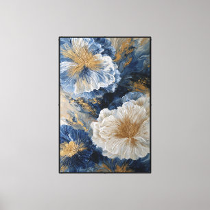 Lienzo Flores Azules y Blancas con Centros Dorados Abstra