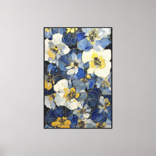 Lienzo Flores Azules y Blancas con Contornos de Oro  