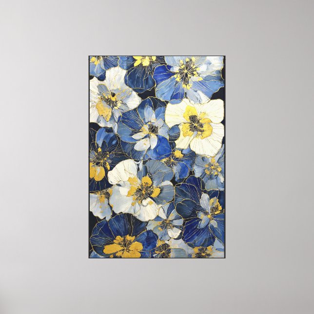 Lienzo Flores Azules y Blancas con Contornos de Oro   (Anverso)