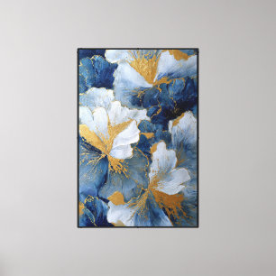 Lienzo Flores azules y blancas con toques dorados