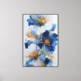Lienzo Flores azules y blancas con toques dorados