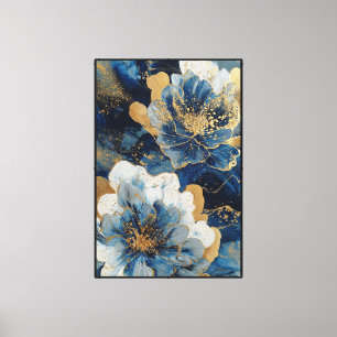 Lienzo Flores azules y blancas con toques dorados