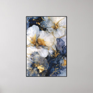 Lienzo Flores Azules y Blancas con Venas Doradas – Abstra
