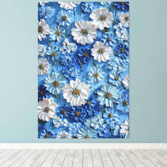 Lienzo Flores azules y blancas sobre abstracto azul claro (Insitu (piso de madera))