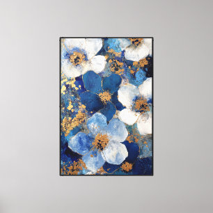 Lienzo Flores Azules y Blancas Texturizadas con Dorado