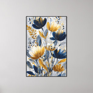 Lienzo Flores azules y doradas sobre fondo plateado