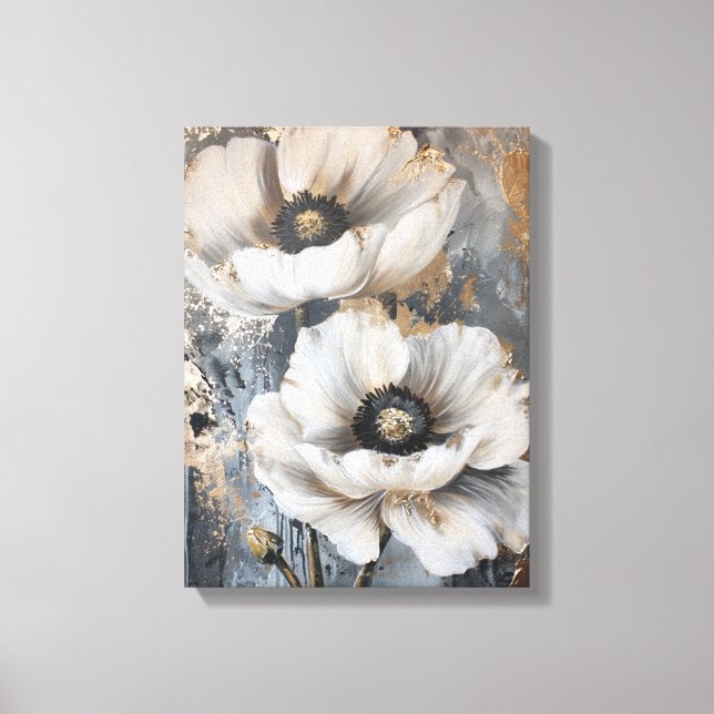 Lienzo Flores blancas abstractas doradas y grises (Anverso)