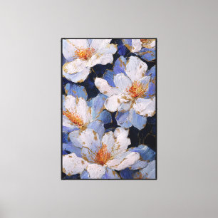 Lienzo Flores Blancas con Acentos Azules y Dorados Abstra
