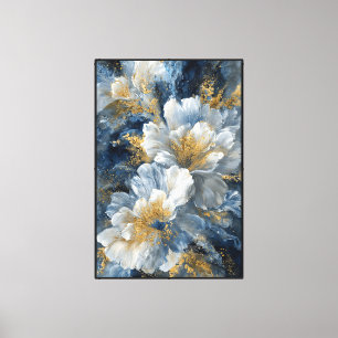 Lienzo Flores Blancas con Centros Dorados sobre Azul – Ab