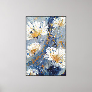 Lienzo Flores blancas con dorado sobre azul – pared abstr