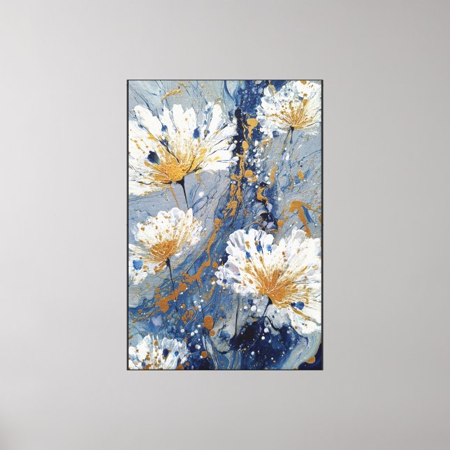 Lienzo Flores blancas con dorado sobre azul – pared abstr (Anverso)