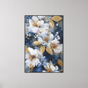 Lienzo Flores Blancas con Hojas de Oro y Azul – Abstracto