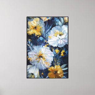Lienzo Flores blancas y amarillas con follaje azul  