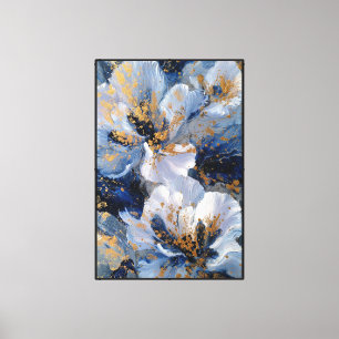 Lienzo Flores blancas y azules con salpicaduras de oro