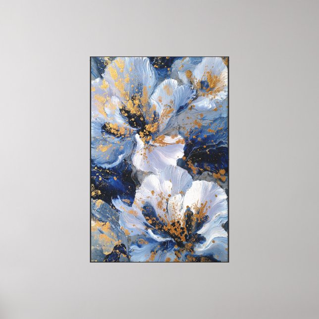 Lienzo Flores blancas y azules con salpicaduras de oro (Anverso)