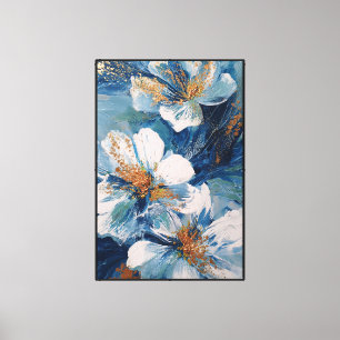 Lienzo Flores blancas y azules con toques dorados