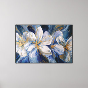Lienzo Flores blancas y azules con toques dorados