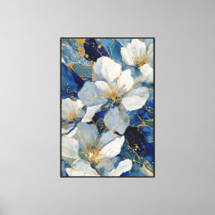 Lienzo Flores blancas y azules con venas doradas – Abstra