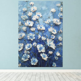 Lienzo Flores blancas y azules en pared abstracta azul ri