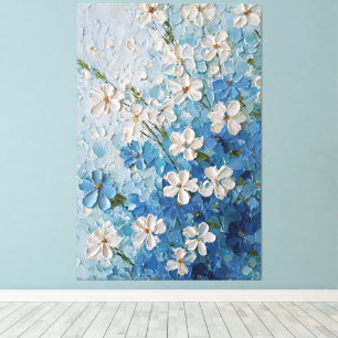 Lienzo Flores blancas y azules sobre pared abstracta turq