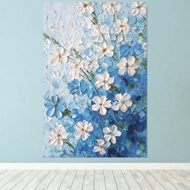 Lienzo Flores blancas y azules sobre pared abstracta turq (Insitu (piso de madera))