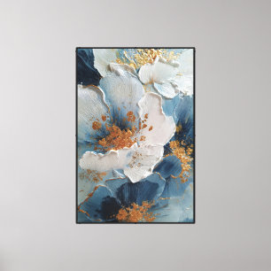 Lienzo Flores blancas y azules texturizadas con dorado