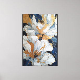 Lienzo Flores blancas y doradas sobre fondo azul oscuro